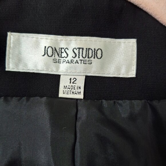 Jones Studio Ruffle Lapel Career Suit Jacket Blazer Sz 12 Matte Black Holiday - Picture 16 of 16